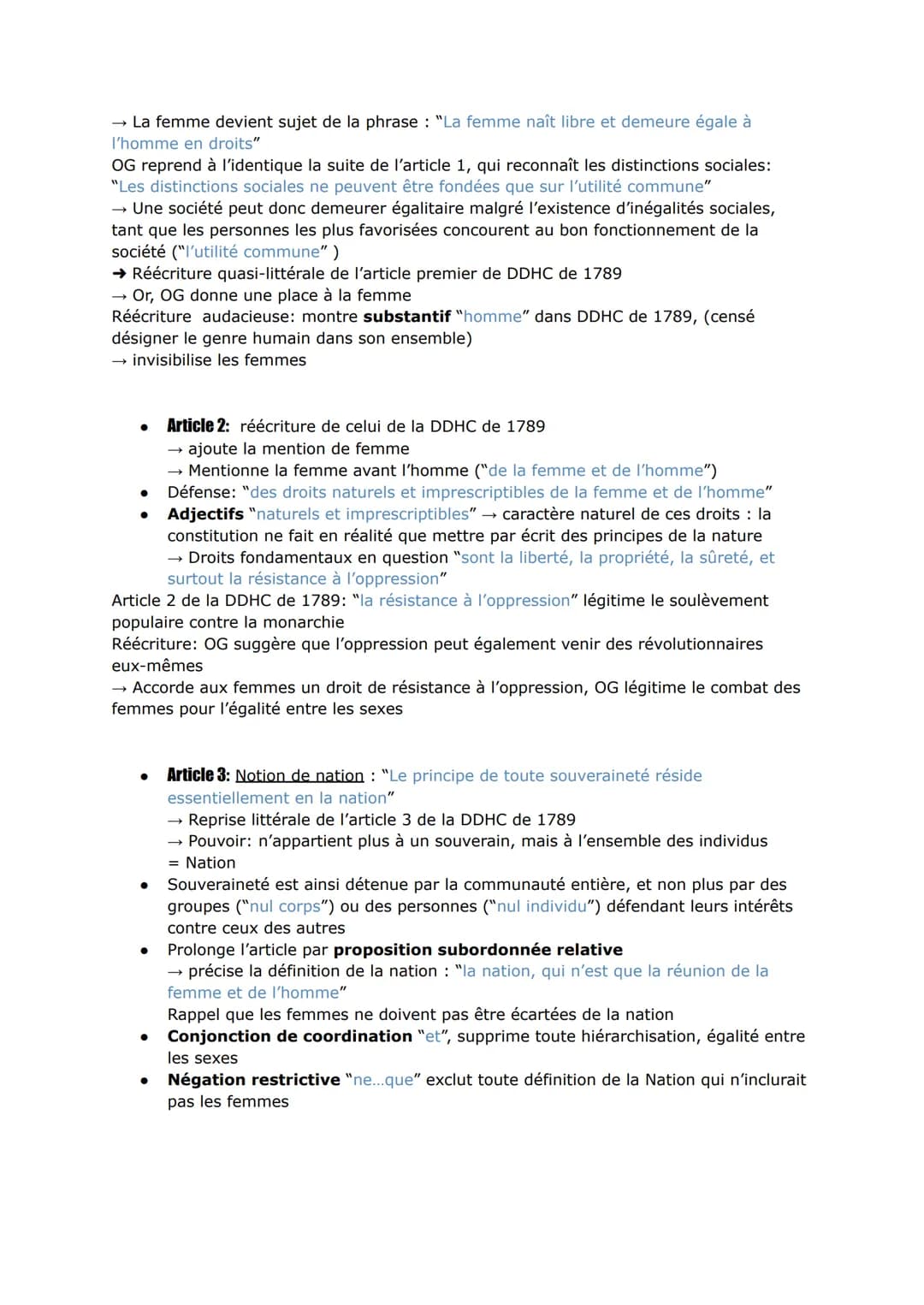 ●
●
●
Le Préambule calque celui de la DDHC : mêmes tournures de phrases, même
progression mais OG le modifie → +inclusif, ré écrit pour qu'i