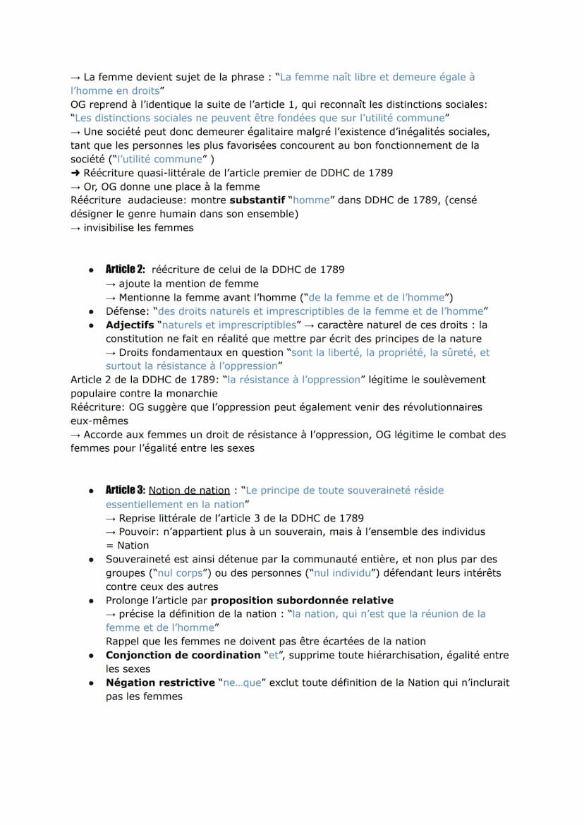 ●
●
●
Le Préambule calque celui de la DDHC : mêmes tournures de phrases, même
progression mais OG le modifie → +inclusif, ré écrit pour qu'i