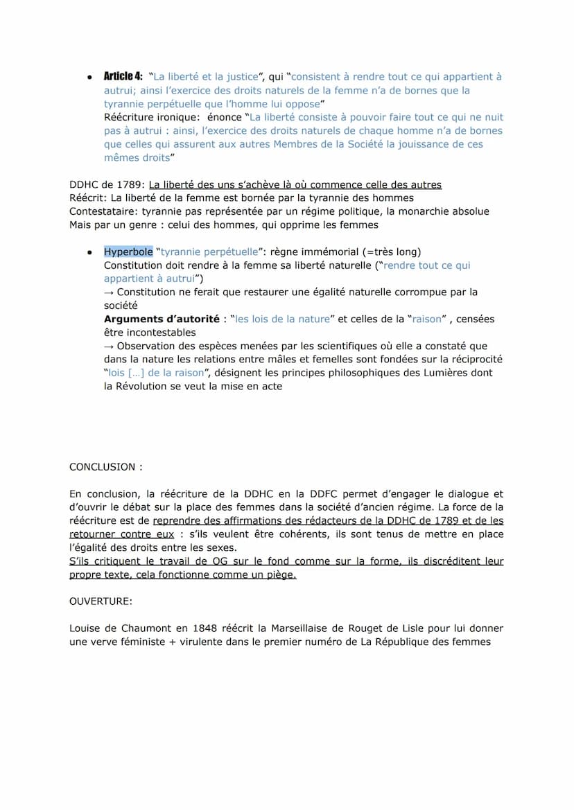 ●
●
●
Le Préambule calque celui de la DDHC : mêmes tournures de phrases, même
progression mais OG le modifie → +inclusif, ré écrit pour qu'i