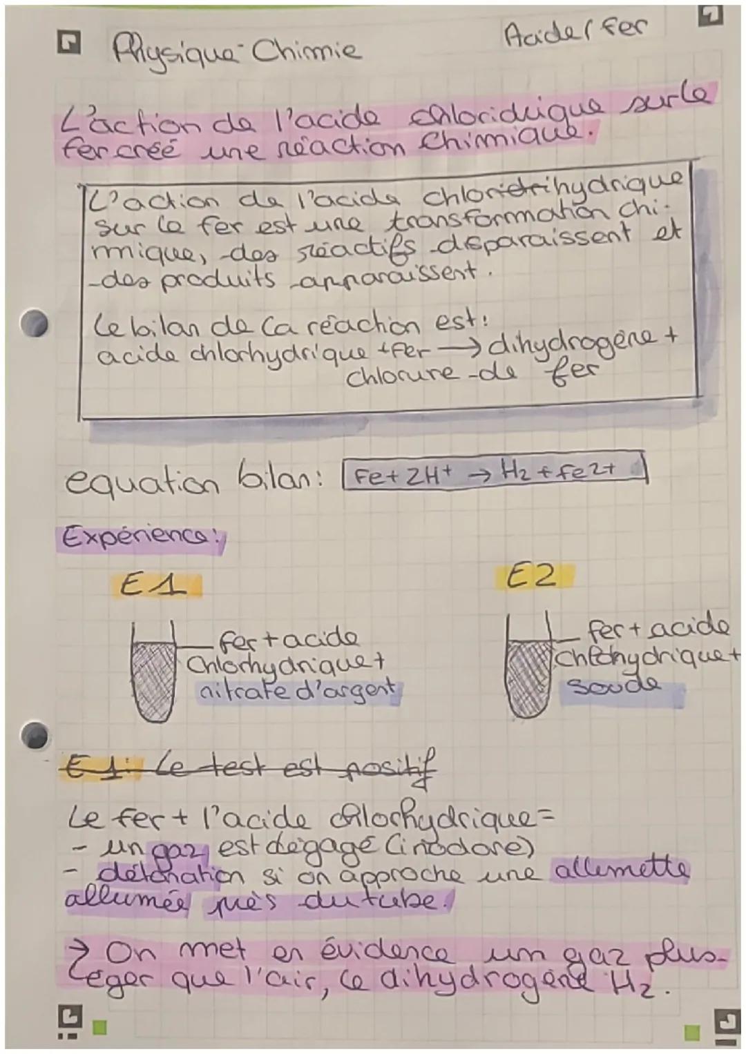 # Physique Chimie

Acider fer

L'action de l'acide chloridique surle
fer créé une reaction chimique.

L'action de l'acide chloretrihydrique
