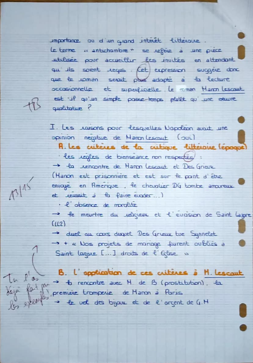 Dissertation Manon Lescaut
Sujet: Napoléon déclarait que Manon Lescaut de l'abbé Prévost était "un roman
d'antichambre, un médiocre divertis