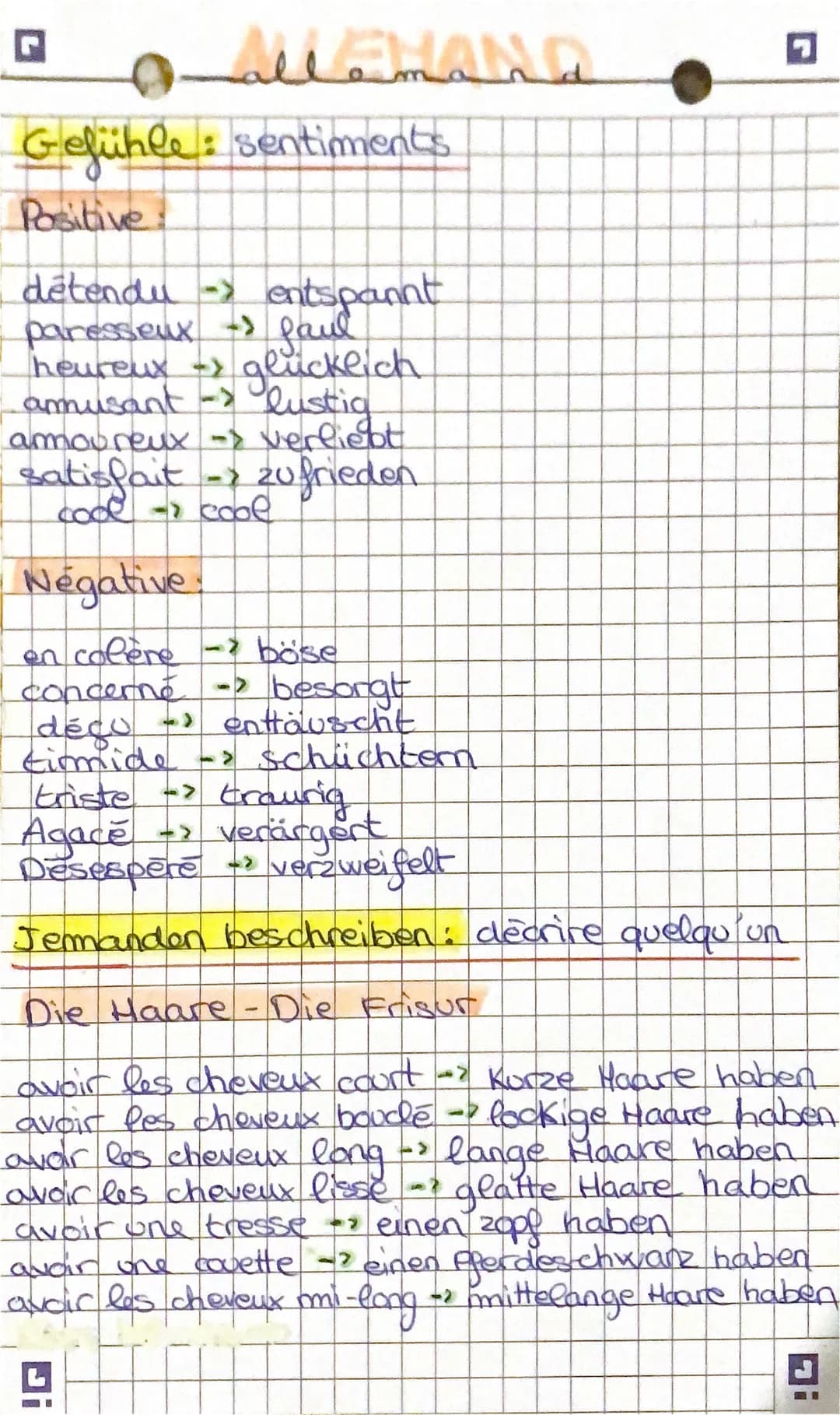 G
allemana
Gefühle: sentiments
Positive!
détendu -> entspannt
paresseux -> faul
heureux -> glücklich
amusant -> lustig
amoureux
-> verliebt.