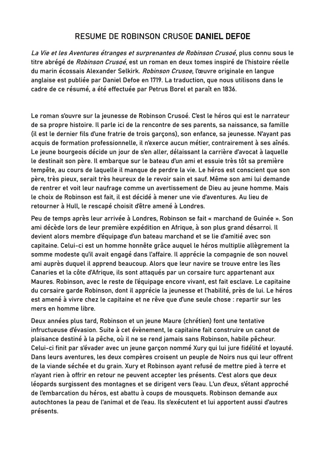 RESUME DE ROBINSON CRUSOE DANIEL DEFOE
La Vie et les Aventures étranges et surprenantes de Robinson Crusoé, plus connu sous le
titre abrégé 