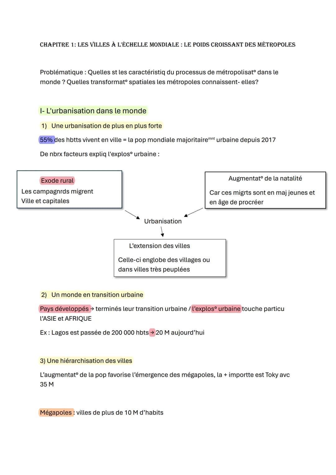 CHAPITRE 1: LES VILLES À L'ÉCHELLE MONDIALE: LE POIDS CROISSANT DES MÉTROPOLES
Problématique : Quelles st les caractéristiq du processus de 