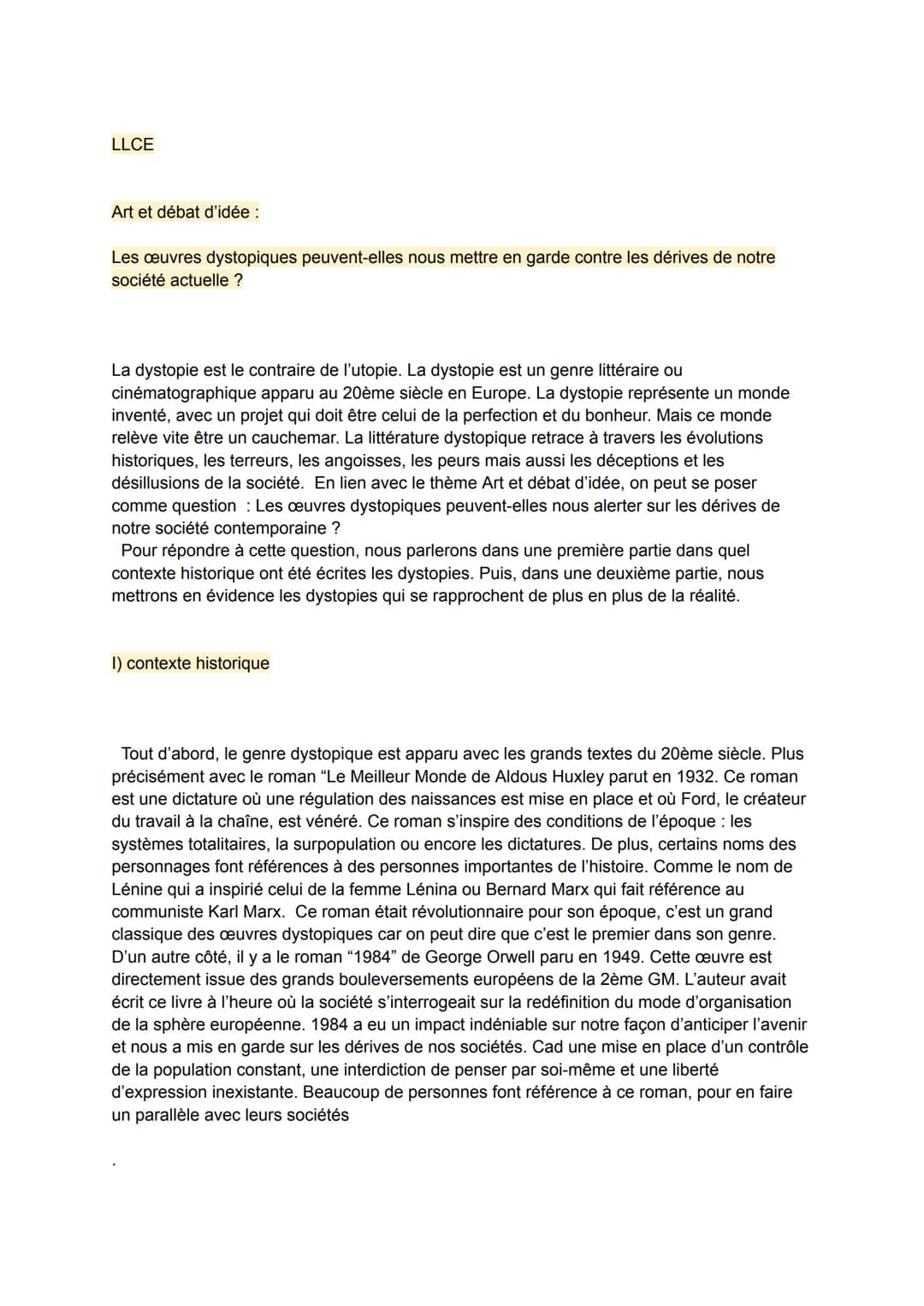 LLCE
Art et débat d'idée :
Les œuvres dystopiques peuvent-elles nous mettre en garde contre les dérives de notre
société actuelle ?
La dysto