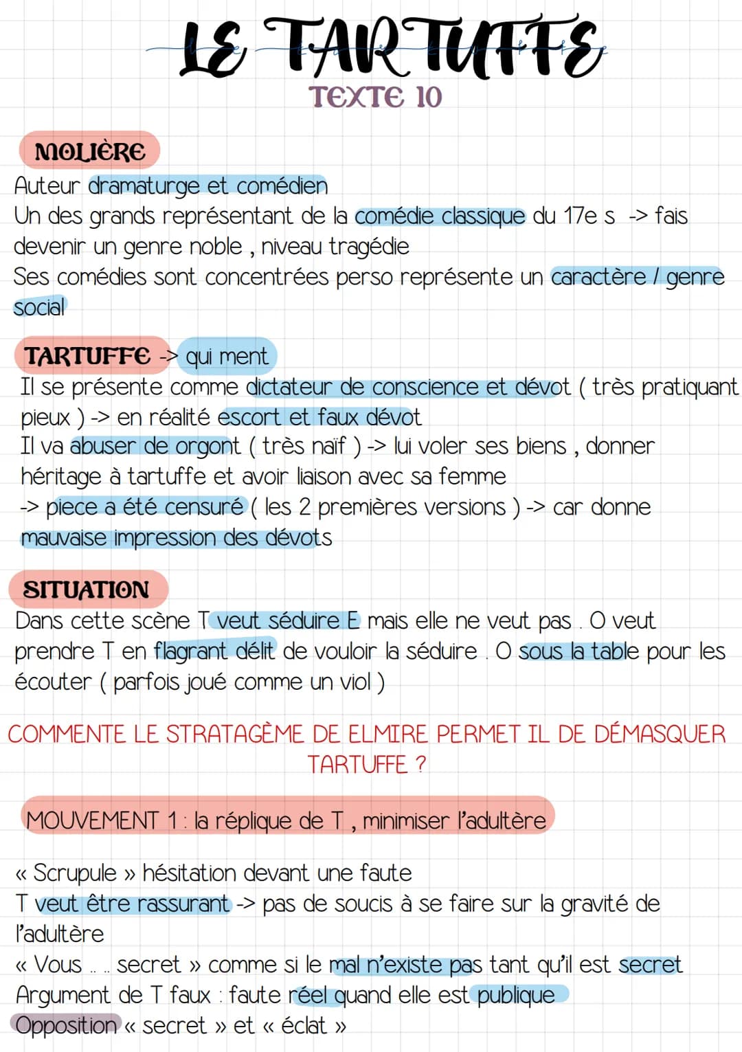 LE TARTUFFE
TEXTE 10
MOLIÈRE
Auteur dramaturge et comédien
Un des grands représentant de la comédie classique du 17e s -> fais
devenir un ge