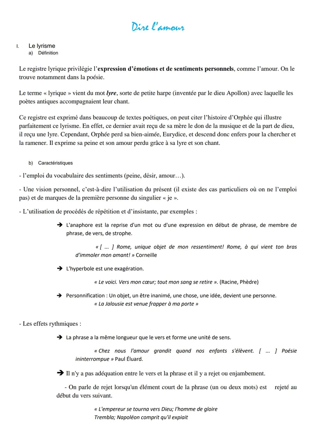 I.
Le lyrisme
a) Définition
Dire l'amour
Le registre lyrique privilégie l'expression d'émotions et de sentiments personnels, comme l'amour. 