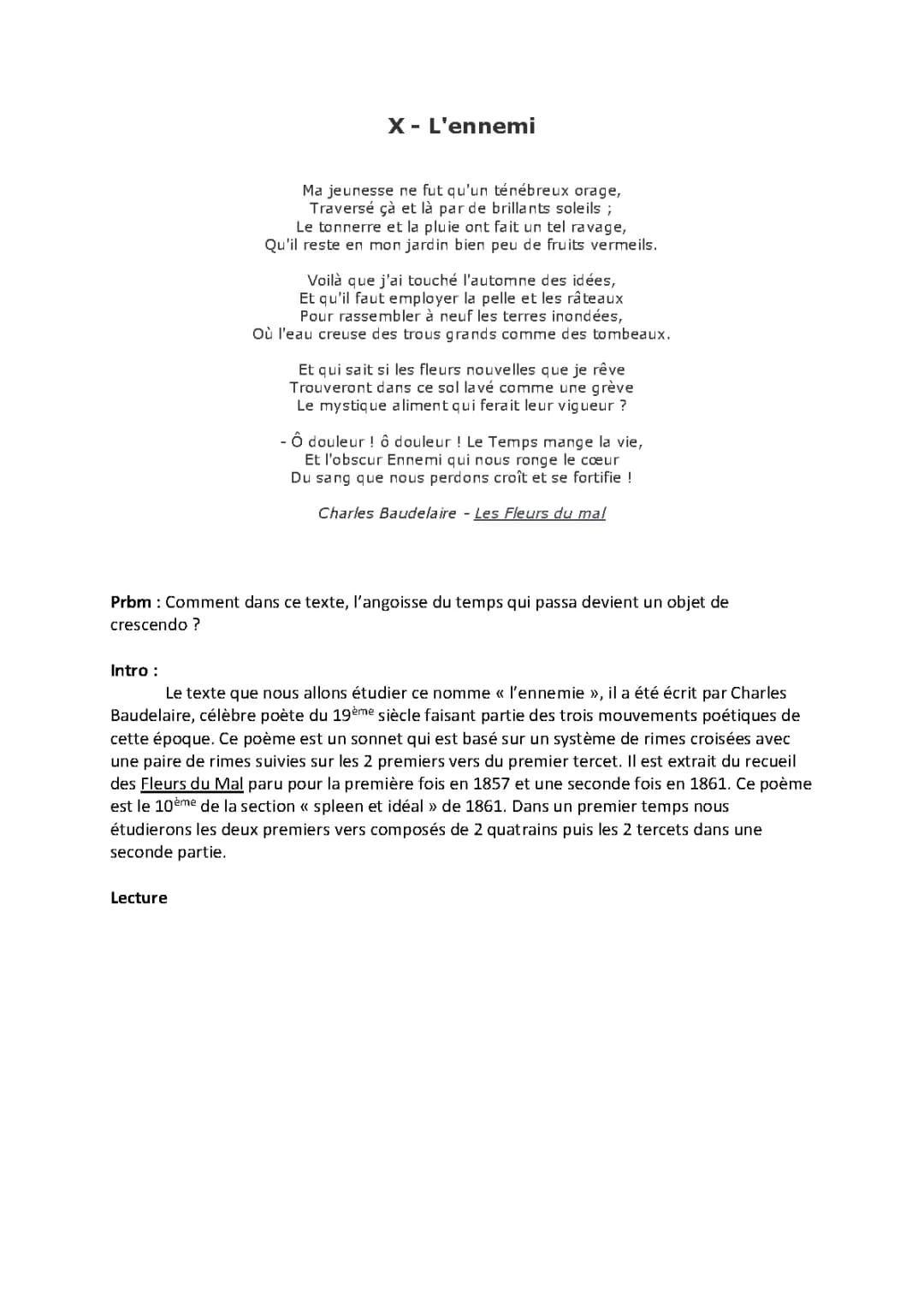 Explication Linéaire de 'L'ennemi' de Baudelaire: Thème et Message