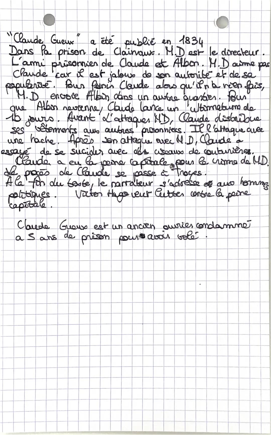 "Claude Gueux" a été publie en
public en 1834
Dans la prison de Clairvaut. M. D est le directeur.
L'ami
prisonnier de Claude et Albon. M.I a