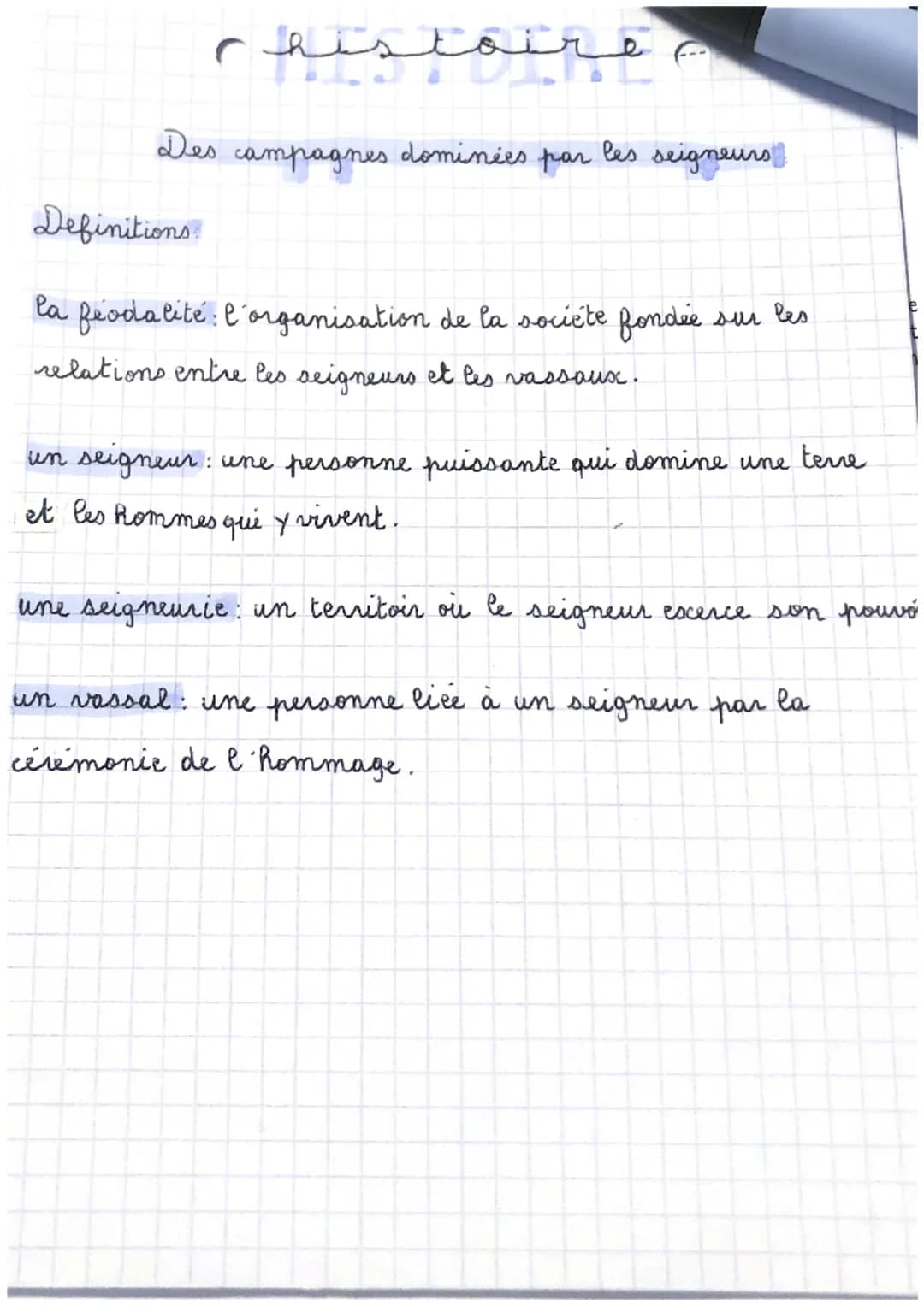 Definitions
la
Chistoire
Des
campagnes dominées
un seigneur :
par
les seigneurs
feodalité: l'organisation de la sociéte fondie
relations ent