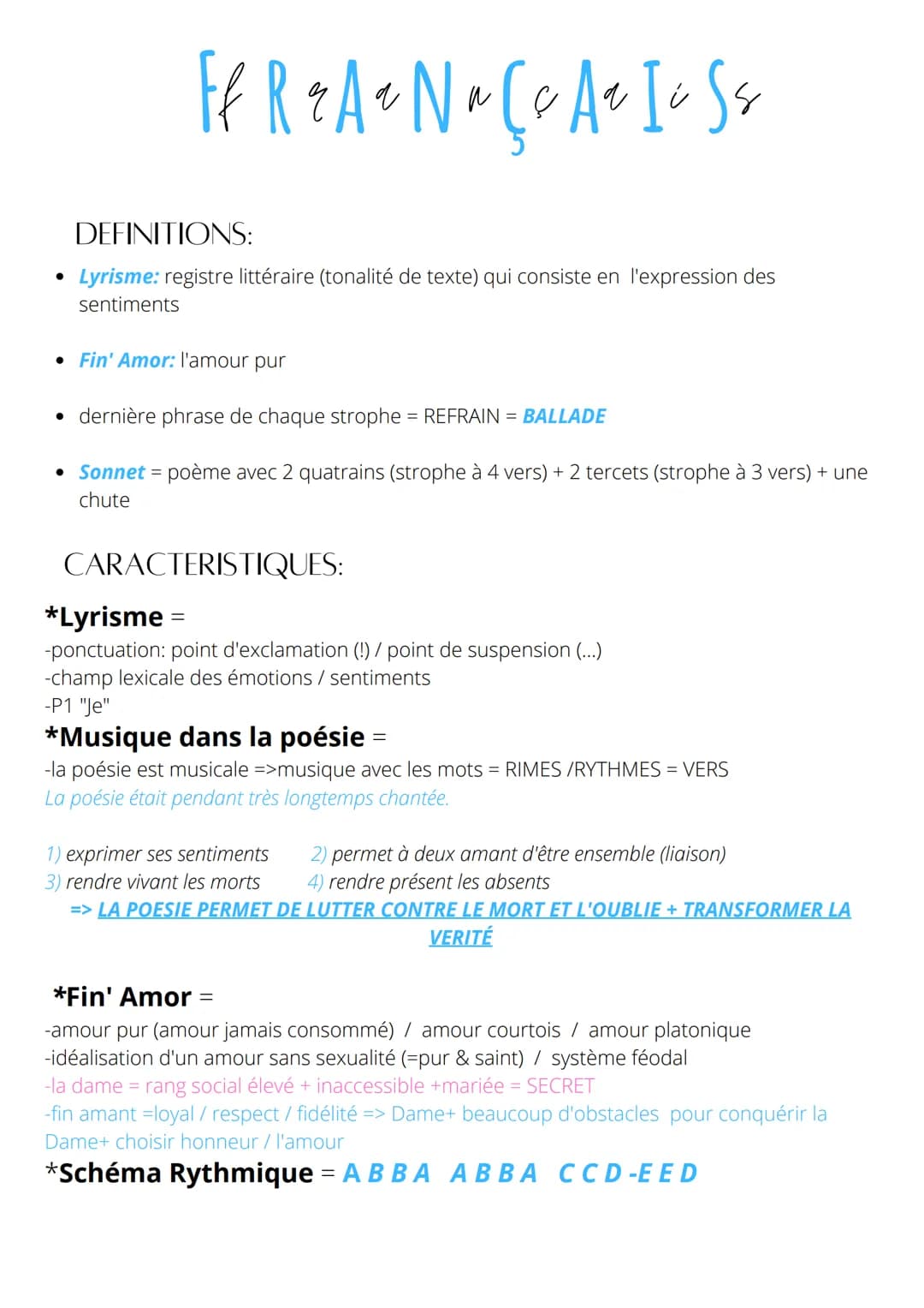 Ff R & A ₂ N ² Ço A z I o S s
aço
q
DEFINITIONS:
• Lyrisme: registre littéraire (tonalité de texte) qui consiste en l'expression des
sentime