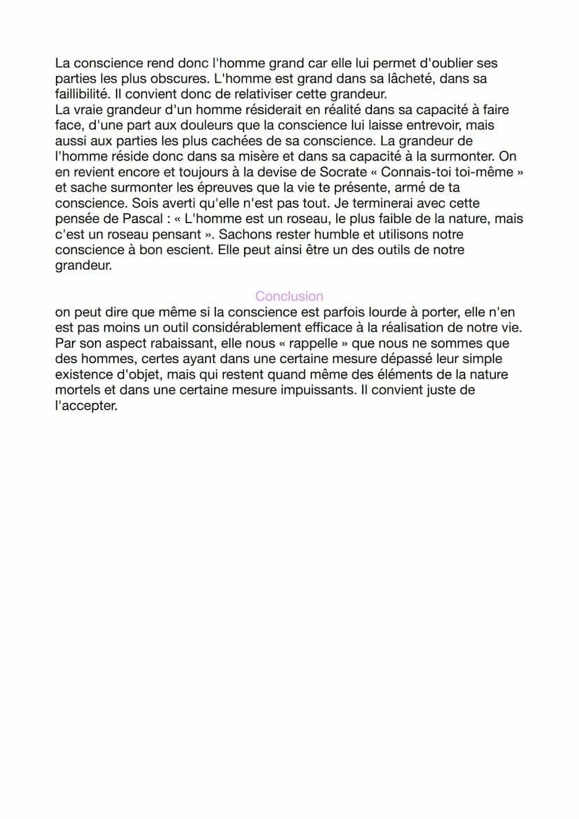 La conscience fait-elle la grandeur ou la misère de l'homme ?
Introduction
Selon l'opinion commune, la conscience est la faculté principale 
