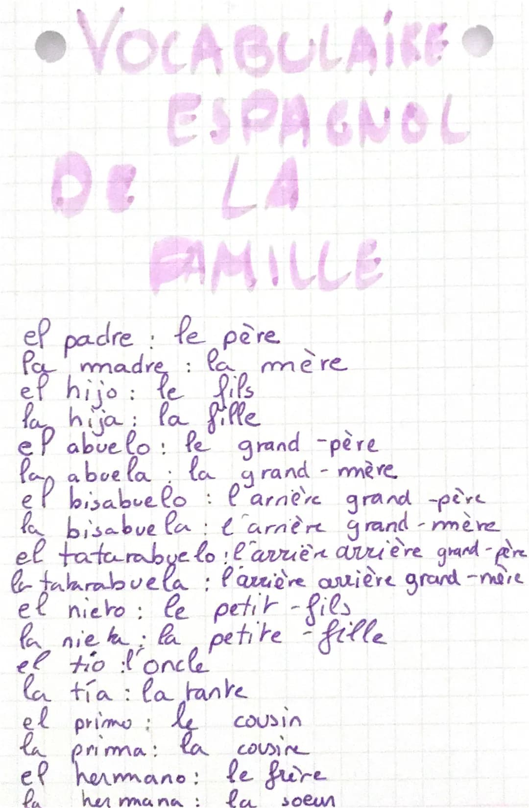 •VOCABULAIRE
ESPAGNOL
DE LA
FAMILLE
el padre: le père
Pa madre: la mère
el hijo: le fils
hija: la fille
el abuelo: le grand-père
lap abuela;