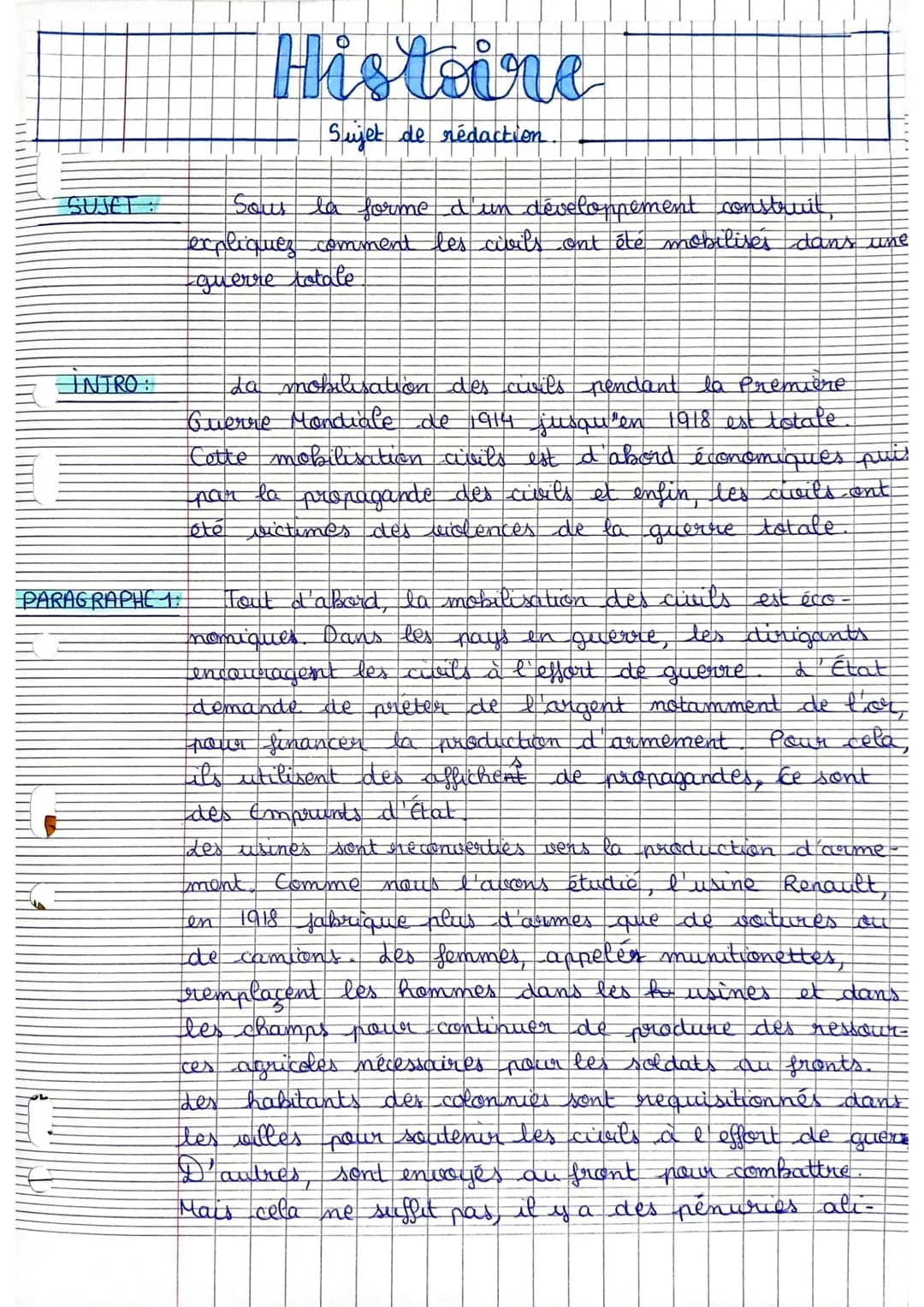 INTRO:
Histoire
Sujet de rédaction.
PARAGRAPHE 1:
Sous la forme d'un développement construit,
expliquez comment les civils ont été mobilises