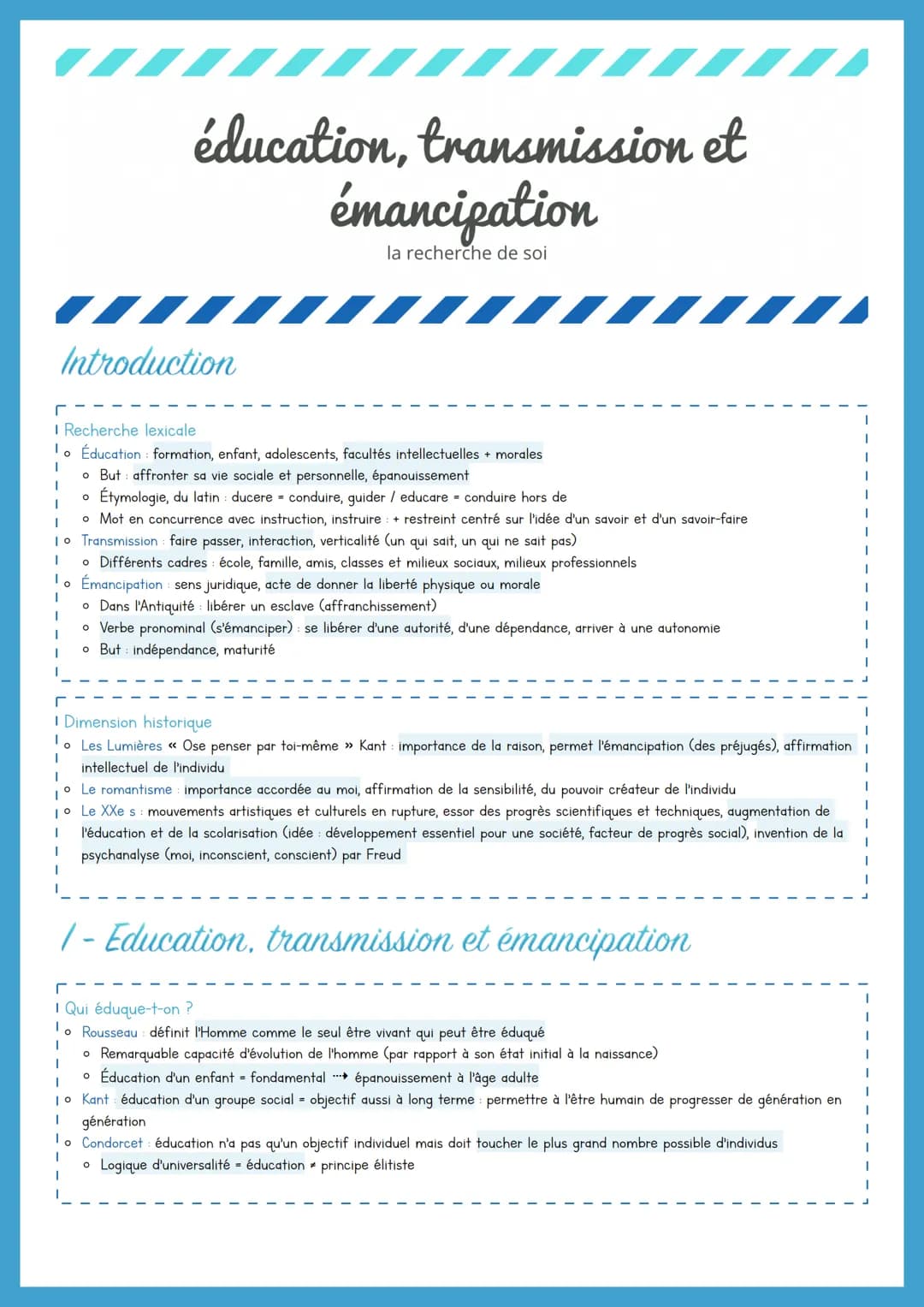 éducation, transmission et
émancipation
la recherche de soi
Introduction
୮
I Recherche lexicale
lo Éducation formation, enfant, adolescents,