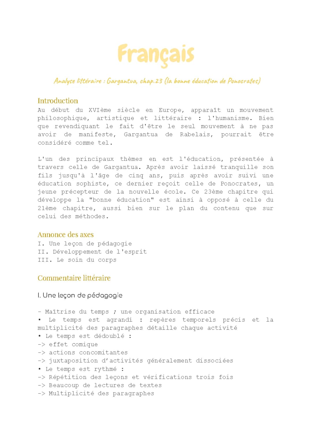 Gargantua Chapitre 23 Analyse Linéaire PDF - L'Éducation de Gargantua par Ponocrates