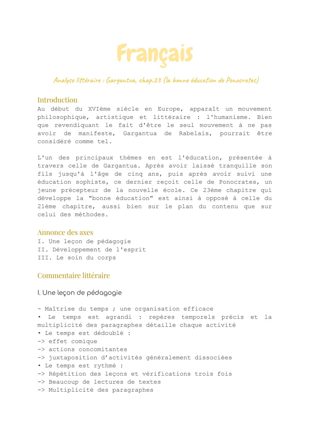 Français
Analyse littéraire : Gargantua, chap.23 (la bonne éducation de Ponocrates)
Introduction
Au début du XVIème siècle en Europe, appara