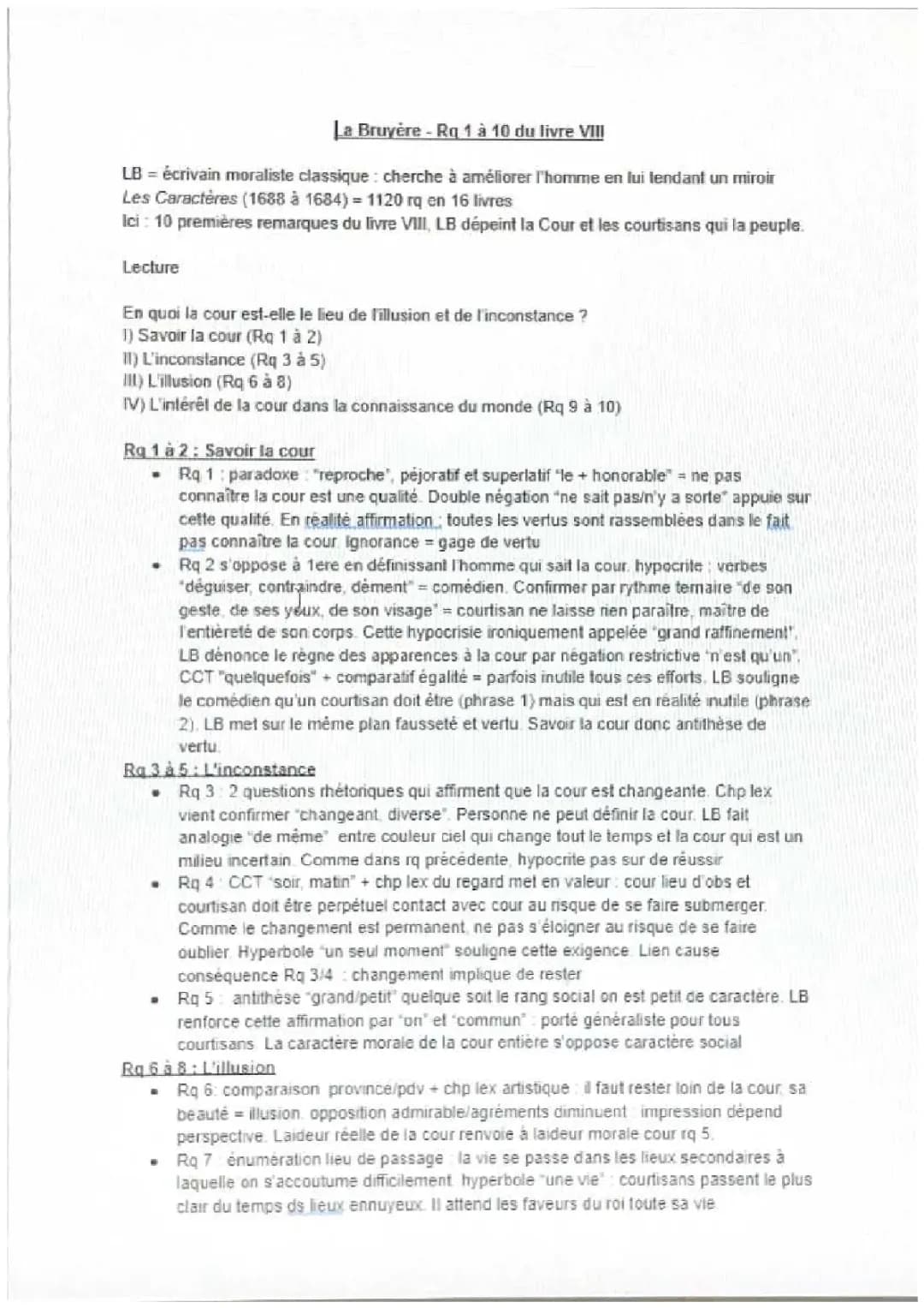 Analyse linéaire Remarque 1 à 10 du livre VIII - Les caractères de La Bruyère 