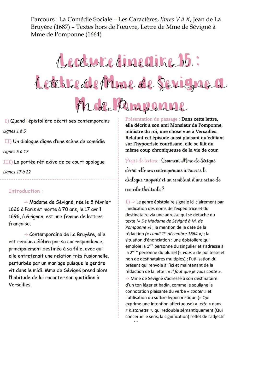 Analyse des lettres de Madame de Sévigné : Lettre à Pomponne et autres œuvres