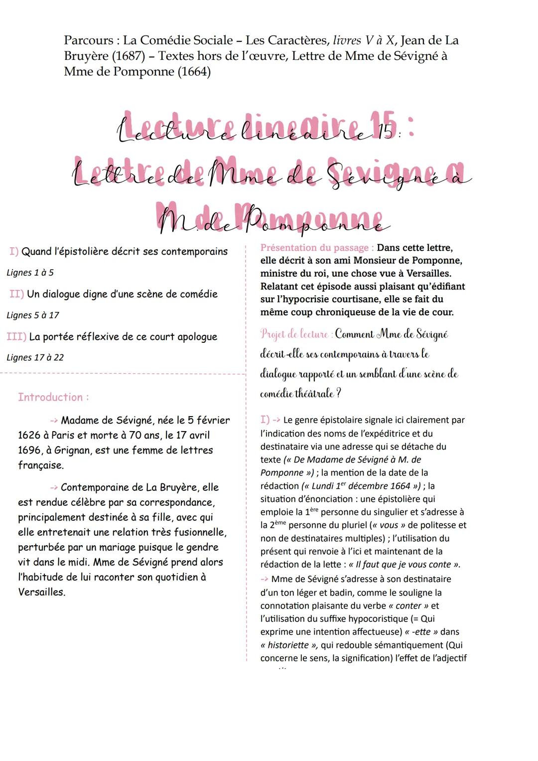 Parcours : La Comédie Sociale - Les Caractères, livres V à X, Jean de La
Bruyère (1687) - Textes hors de l'œuvre, Lettre de Mme de Sévigné à