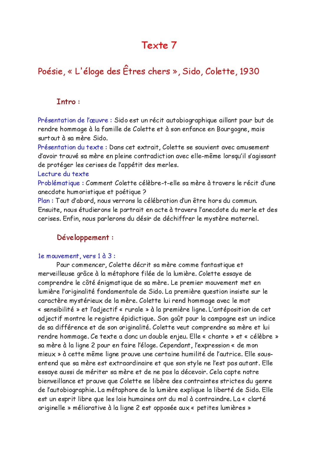 Analyse linéaire le merle et les cerises, Les Vrilles de la Vigne, Colette