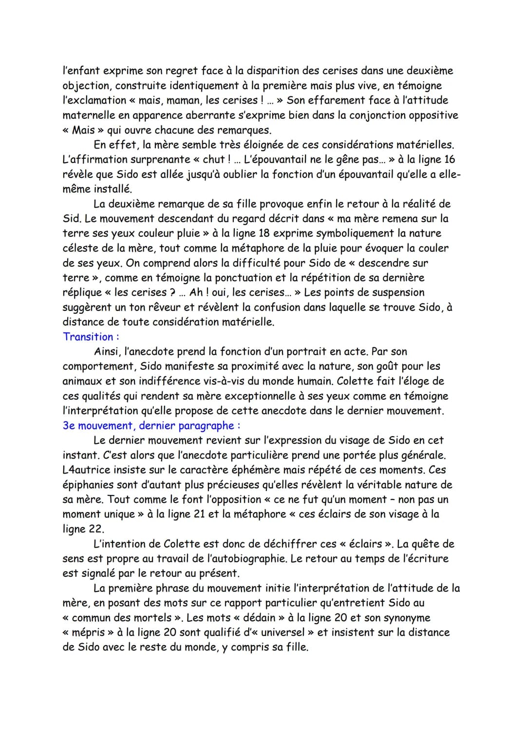 Texte 7
Poésie, « L'éloge des Êtres chers », Sido, Colette, 1930
Intro :
Présentation de l'œuvre : Sido est un récit autobiographique aillan