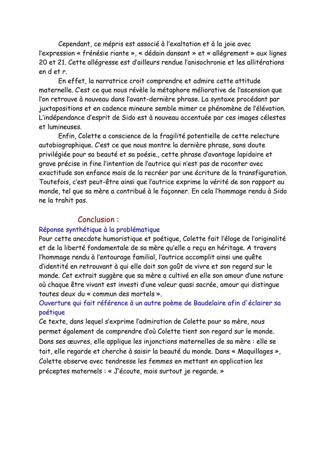 Texte 7
Poésie, « L'éloge des Êtres chers », Sido, Colette, 1930
Intro :
Présentation de l'œuvre : Sido est un récit autobiographique aillan