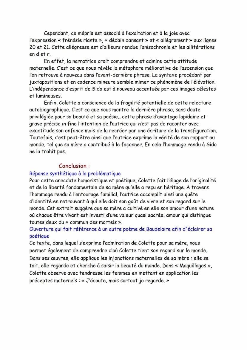 Texte 7
Poésie, « L'éloge des Êtres chers », Sido, Colette, 1930
Intro :
Présentation de l'œuvre : Sido est un récit autobiographique aillan