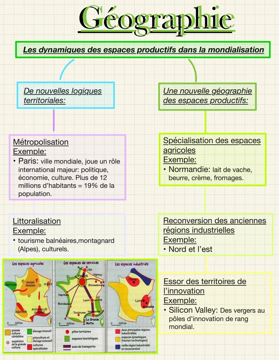 ●
Métropolisation
Exemple:
Paris: ville mondiale, joue un rôle
international majeur: politique,
économie, culture. Plus de 12
millions d'hab
