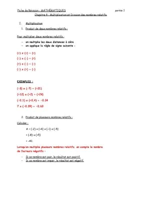 Know FICHE DE RÉVISION - MATHÉMATIQUES (MULTIPLICATION/DIVISION DES NOMBRES RELATIFS) partie 1/3 thumbnail