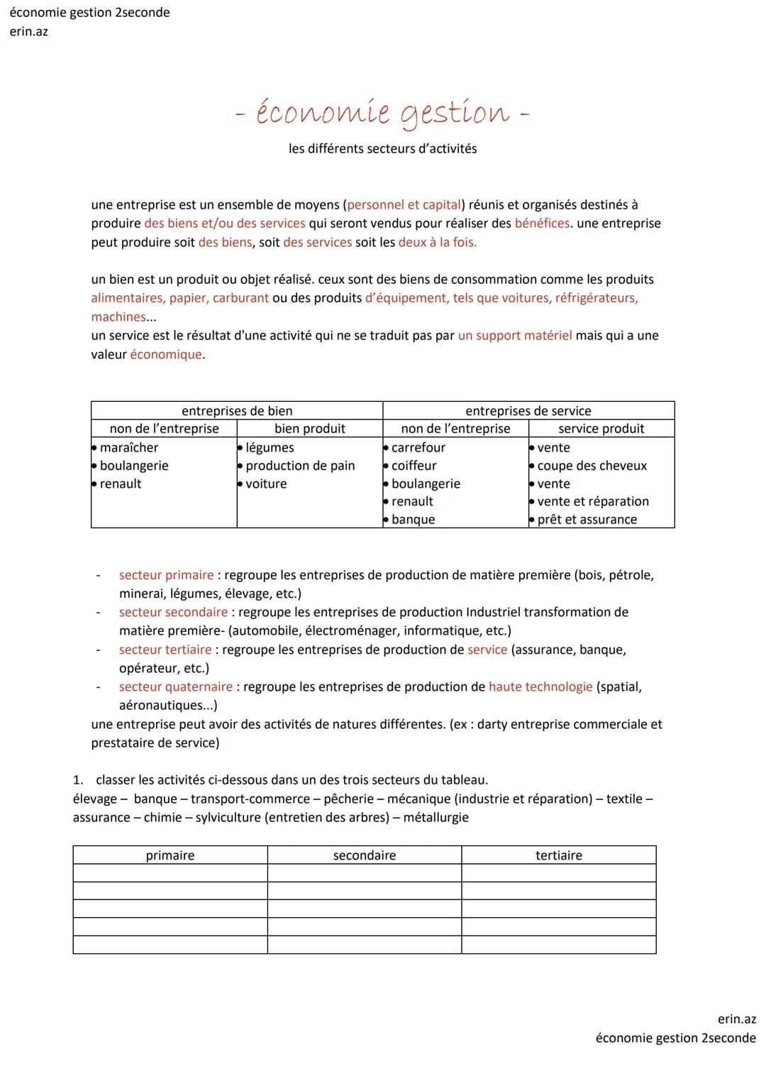 économie gestion 2seconde
erin.az
une entreprise est un ensemble de moyens (personnel et capital) réunis et organisés destinés à
produire de