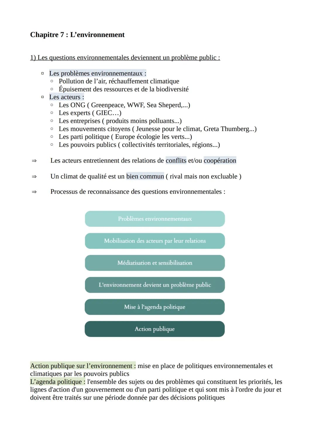 Chapitre 7: L'environnement
1) Les questions environnementales deviennent un problème public :
☐ Les problèmes environnementaux :
O Pollutio
