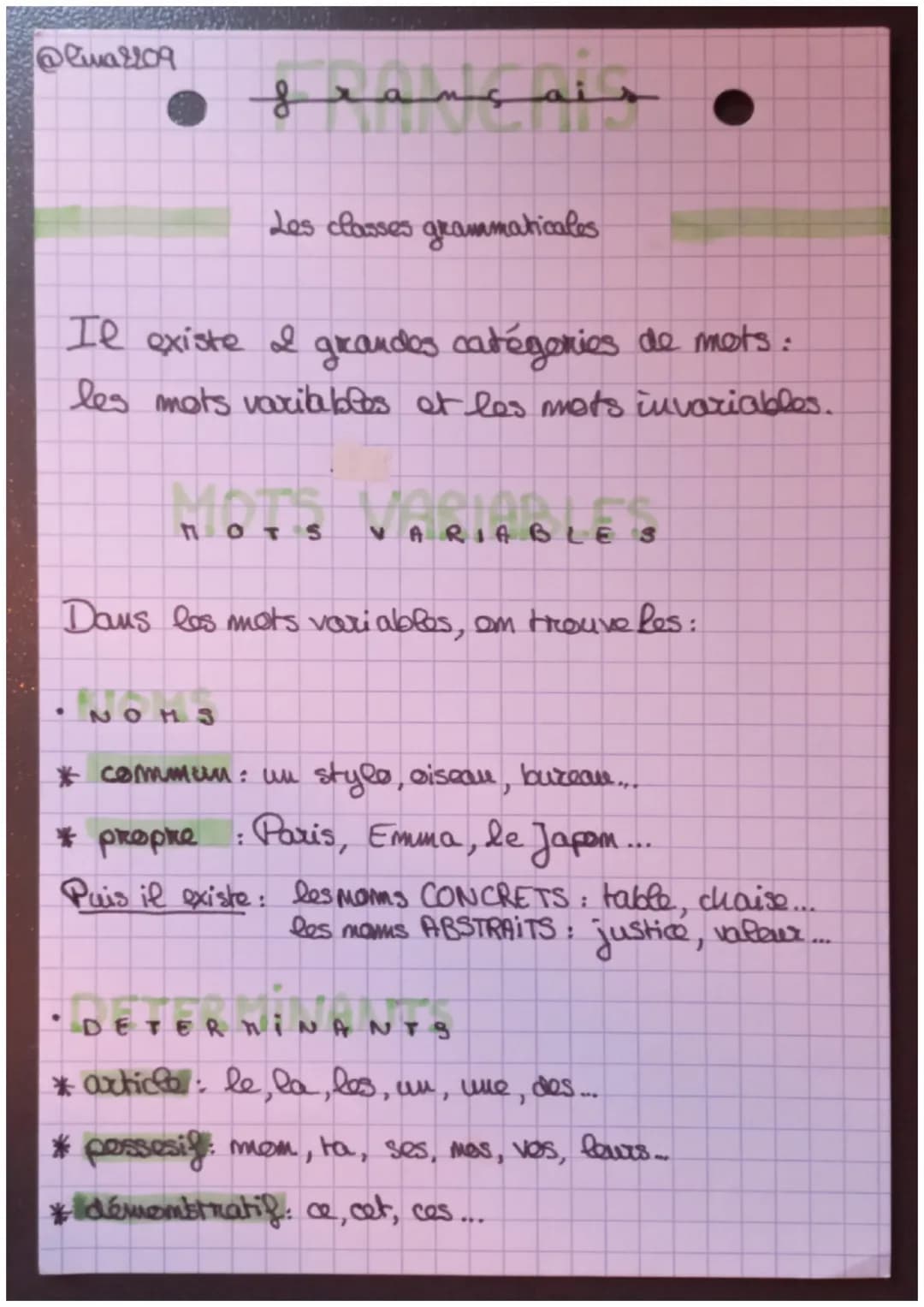 @lina 2209
français
Les classes grammaticales
•
Il existe I grandes catégories de mots :
les mots variables et les mots invariables.
NOTS VA