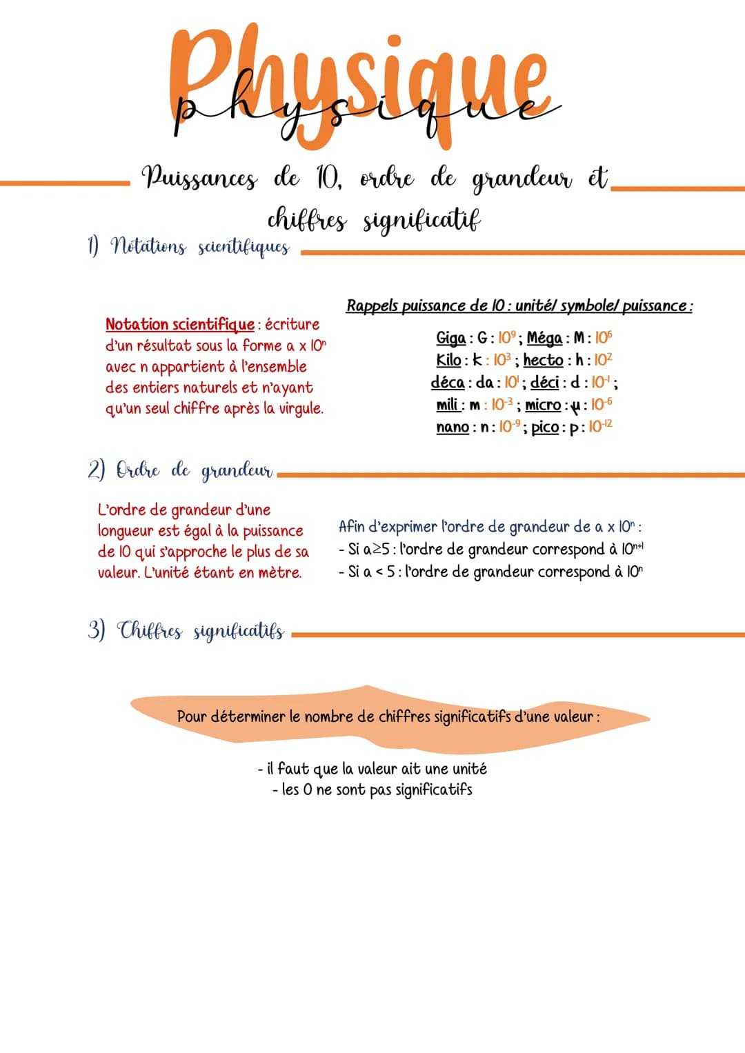 Physique
Puissances de 10, ordre de grandeur et.
chiffres significatif
1) notations scientifiques
Notation scientifique : écriture
d'un résu