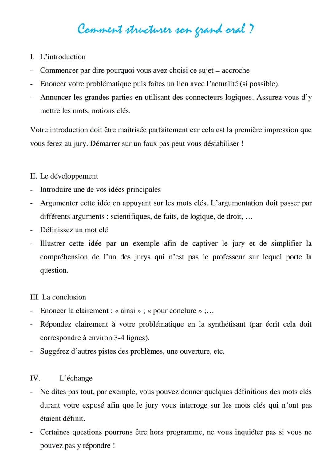 
<h2 id="ilintroduction">I. L'introduction</h2>
<p>Pour commencer, il est important d'accrocher l'attention du jury en expliquant pourquoi v