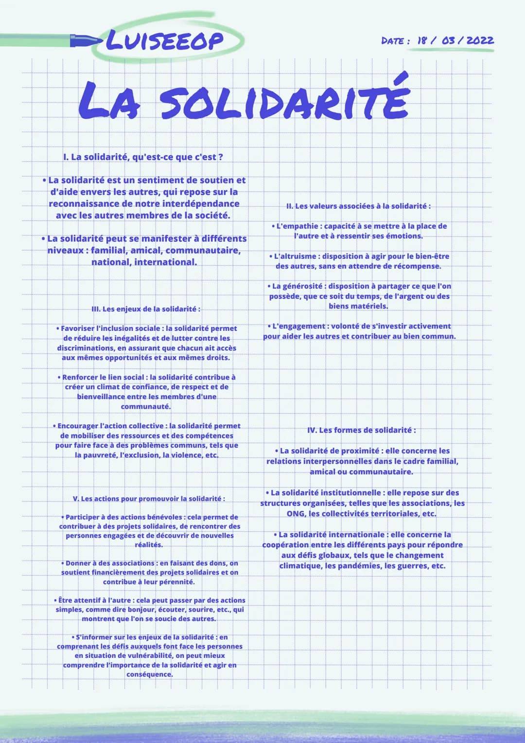 LUISEEOP
LA SOLIDARITÉ
I. La solidarité, qu'est-ce que c'est ?
•La solidarité est un sentiment de soutien et
d'aide envers les autres, qui r