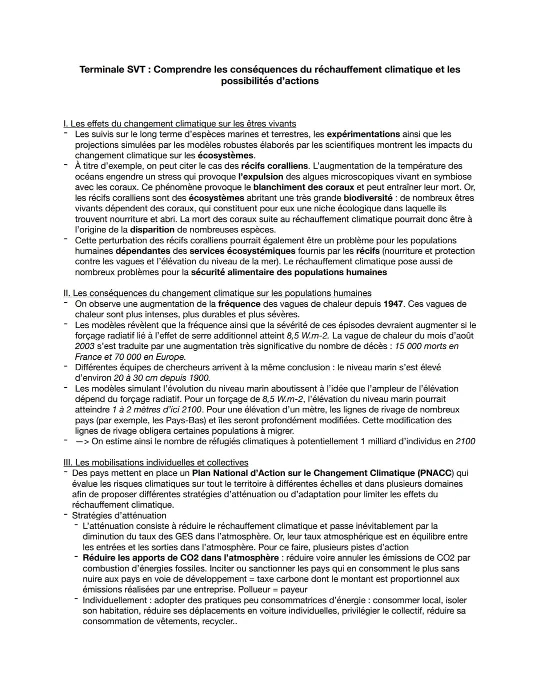 Terminale SVT: Comprendre les conséquences du réchauffement climatique et les
possibilités d'actions
I. Les effets du changement climatique 