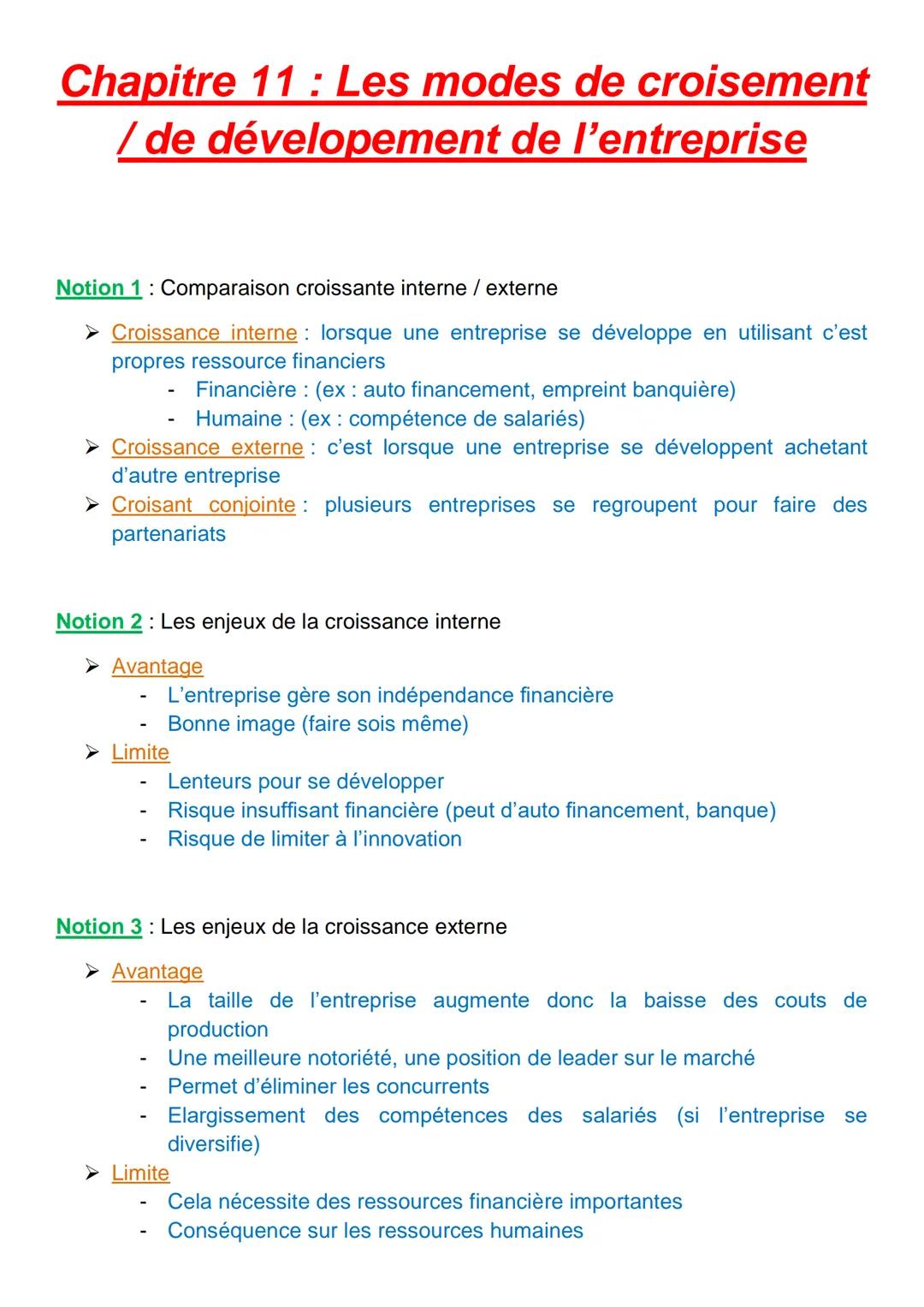 # Chapitre 11 : Les modes de croisement
/ de dévelopement de l'entreprise

Notion 1: Comparaison croissante interne / externe

➤ Croissance 