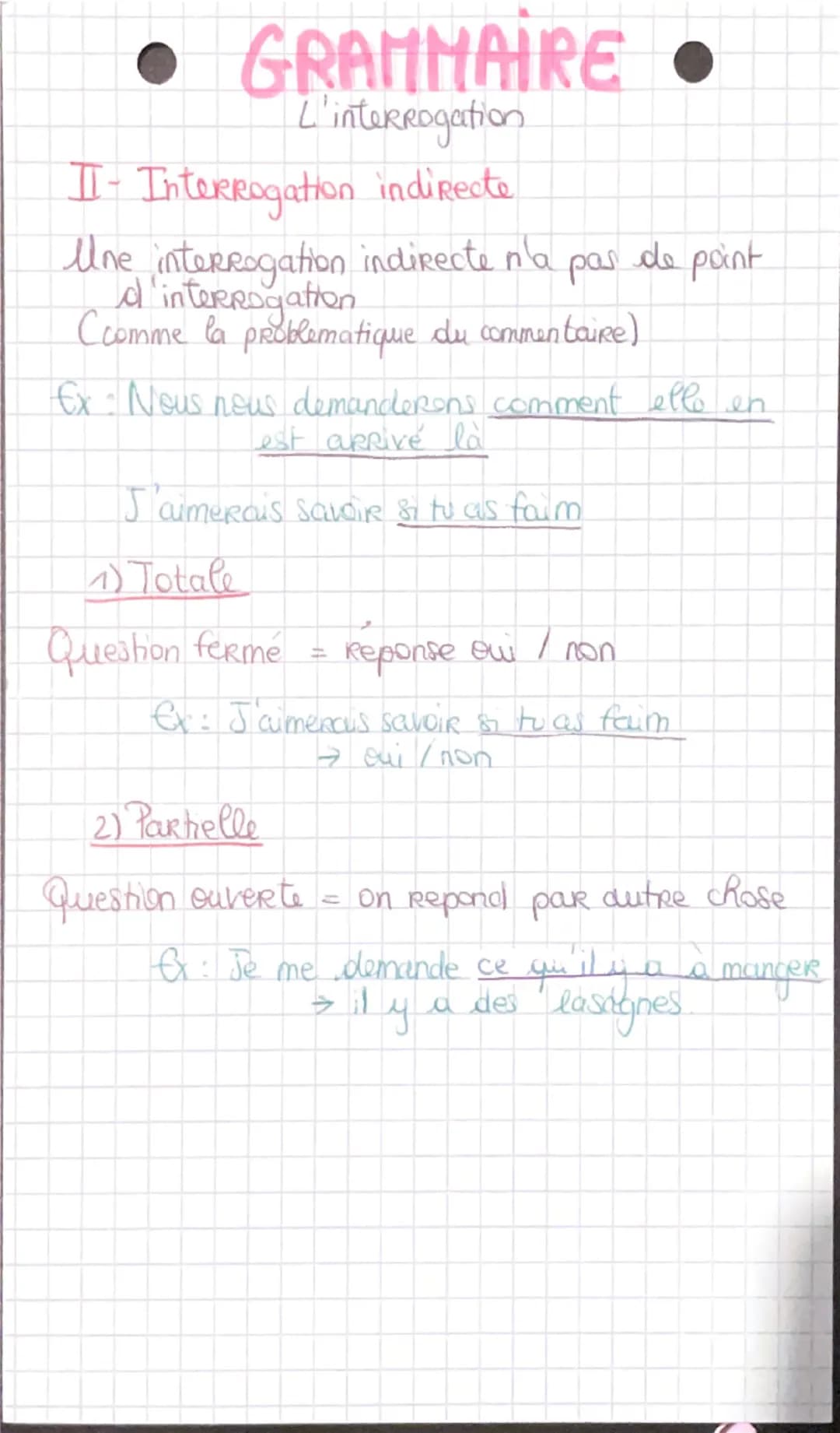 • GRAMMAIRE
L'interrogation
I - Interrogation directe
On la Reconnait avec son point d'interrogation
Ex: As - to faim?
1) Totale
C'est une q
