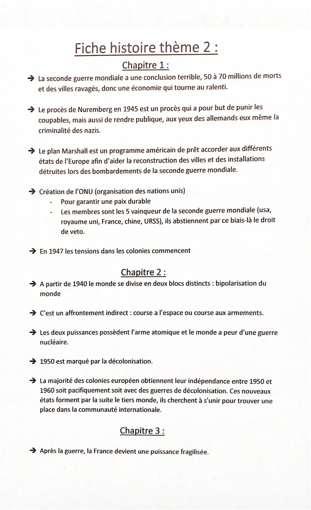 Fiche histoire thème 2 :
Chapitre 1:
➜ La seconde guerre mondiale a une conclusion terrible, 50 à 70 millions de morts
et des villes ravagés
