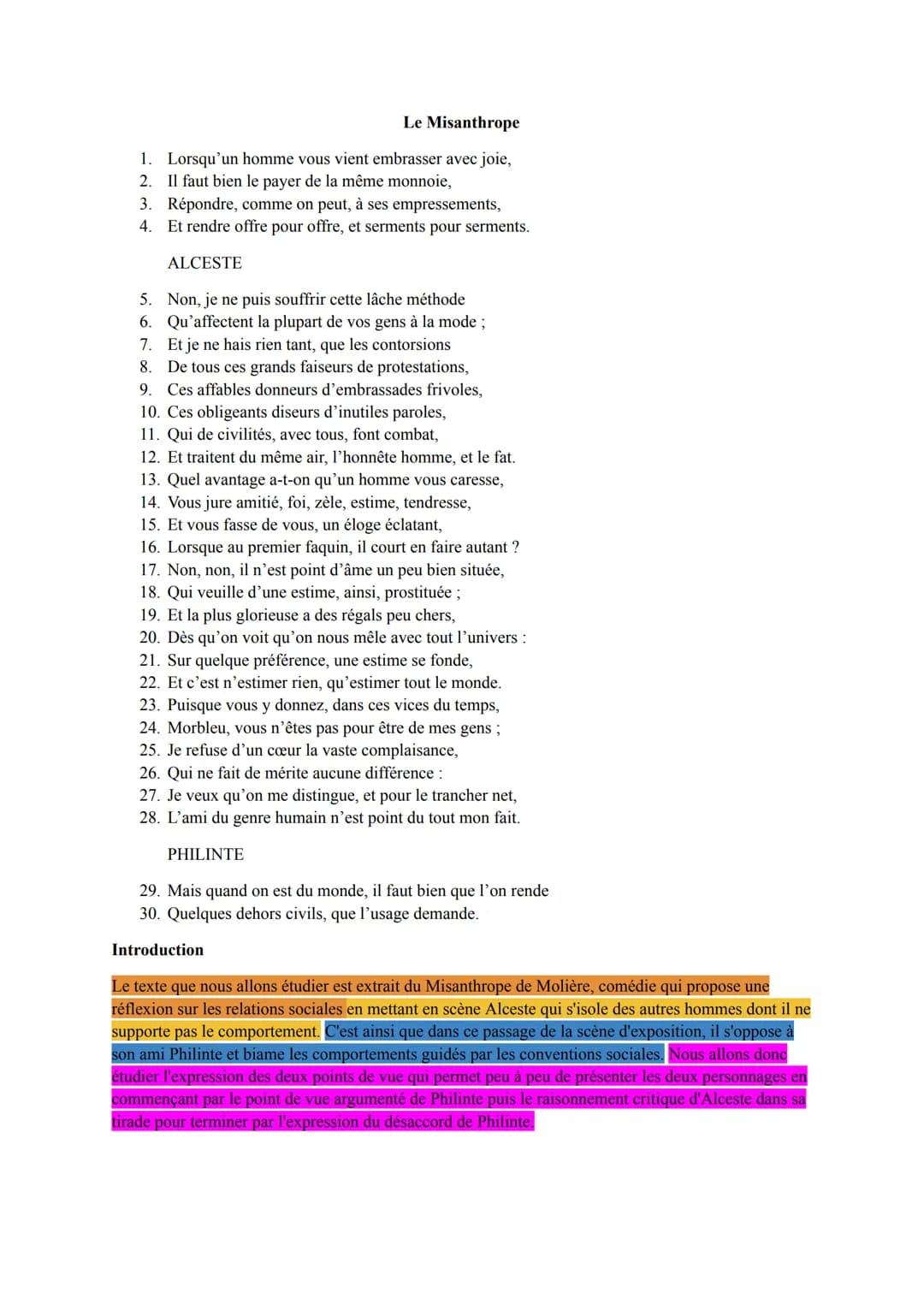 Le Misanthrope
1. Lorsqu'un homme vous vient embrasser avec joie,
2. Il faut bien le payer de la même monnoie,
3. Répondre, comme on peut, à