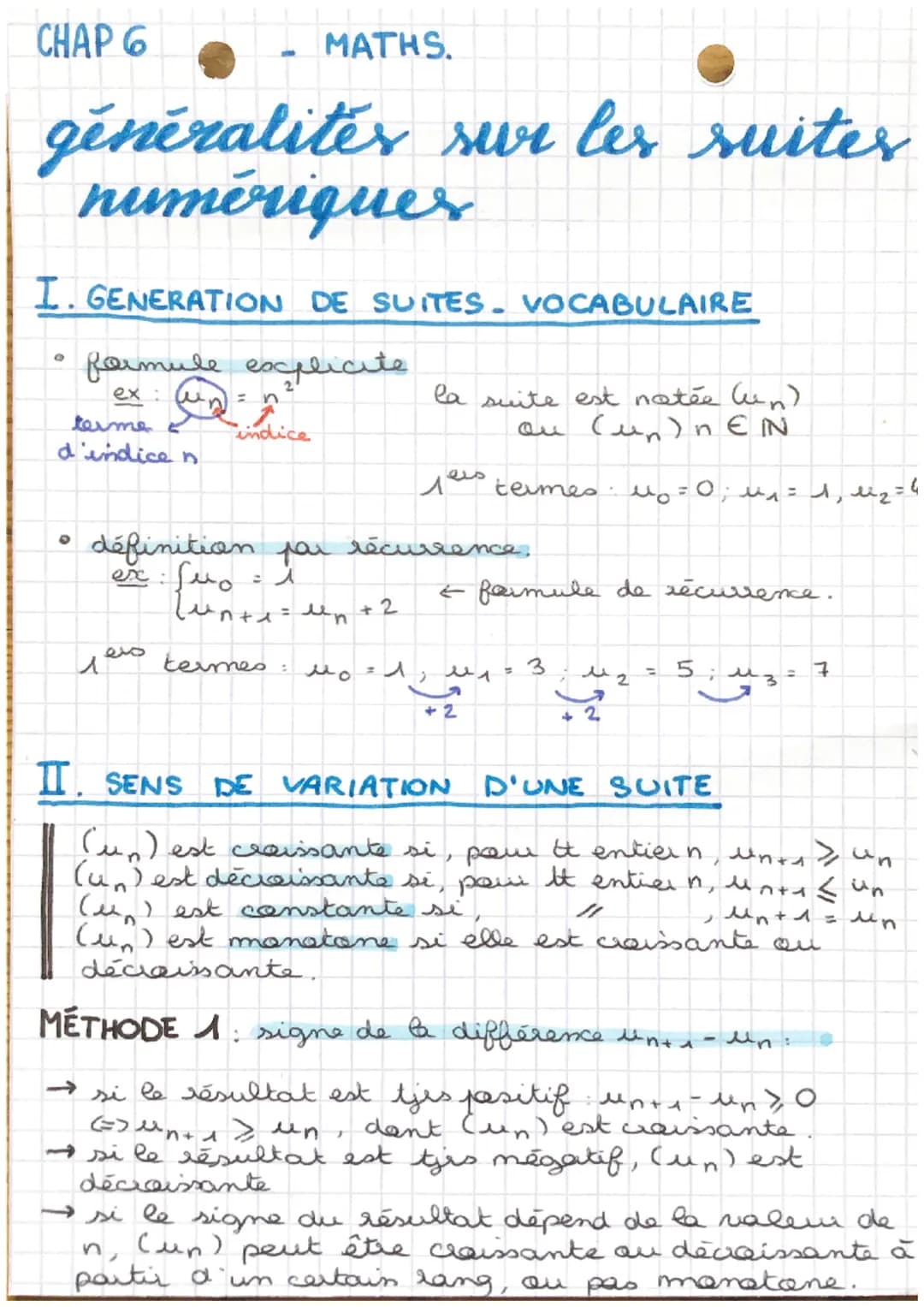 CHAP 6
généralités sur les suites
numériquer
I. GENERATION DE SUITES. VOCABULAIRE
formule explicite
ex : ш
O
terme
d'indice n
O
H
MATHS.
}
i