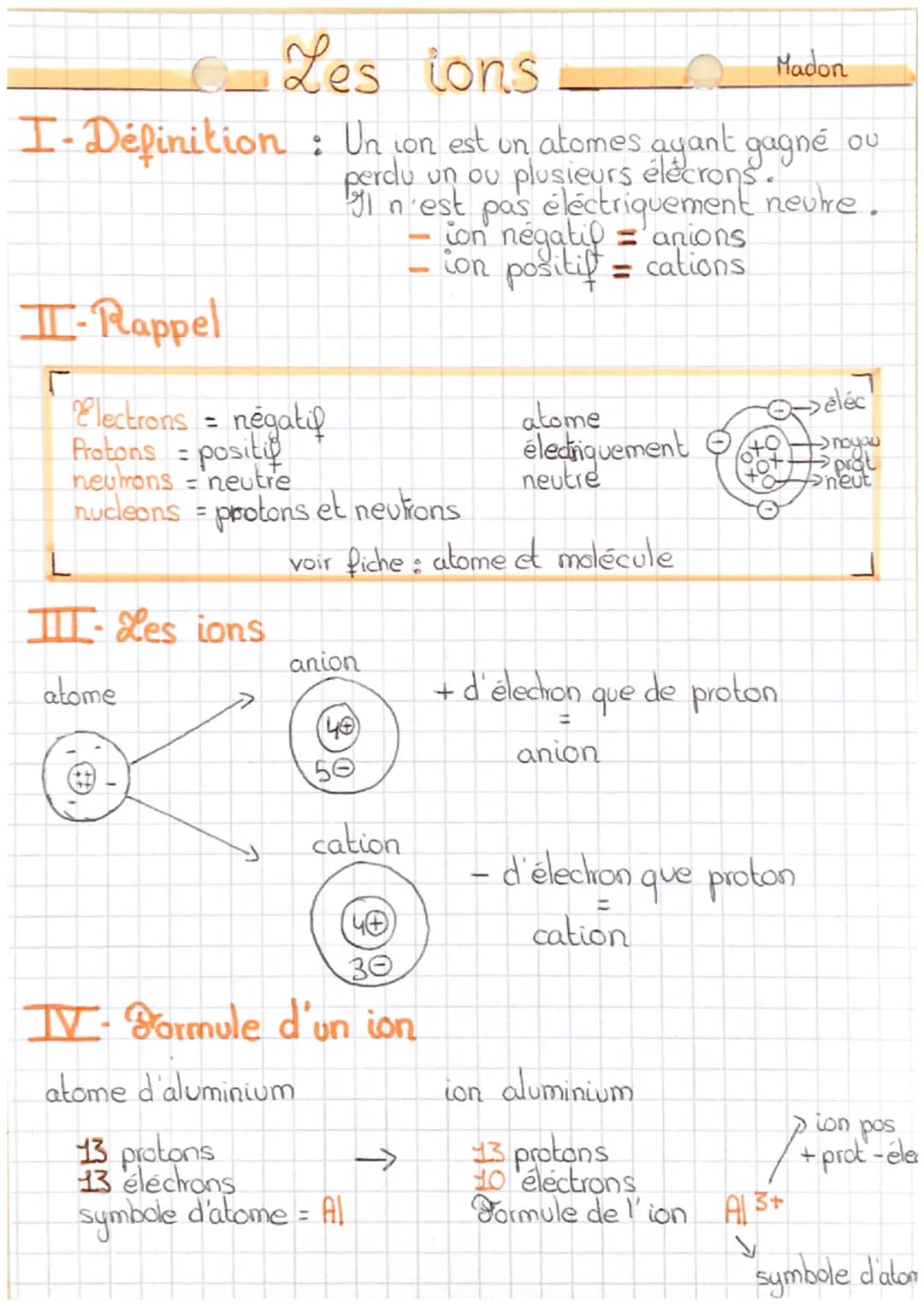 Les ions
I-Définition: Union est un atomes ayant gagné ou
perdu un ou plusieurs élécrons.
Il n'est pas électriquement neutre.
-ion négatif =