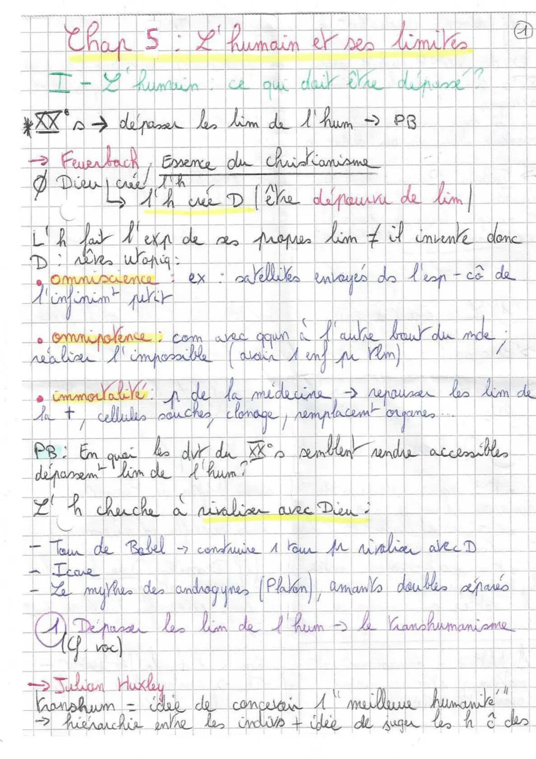 Chap 5: L'humain et ses limites
I-G humain
qui doit être dépasse
*XX
is → dépasser les lim de l'hum -> PB
- Feuerbach Essence du christianis