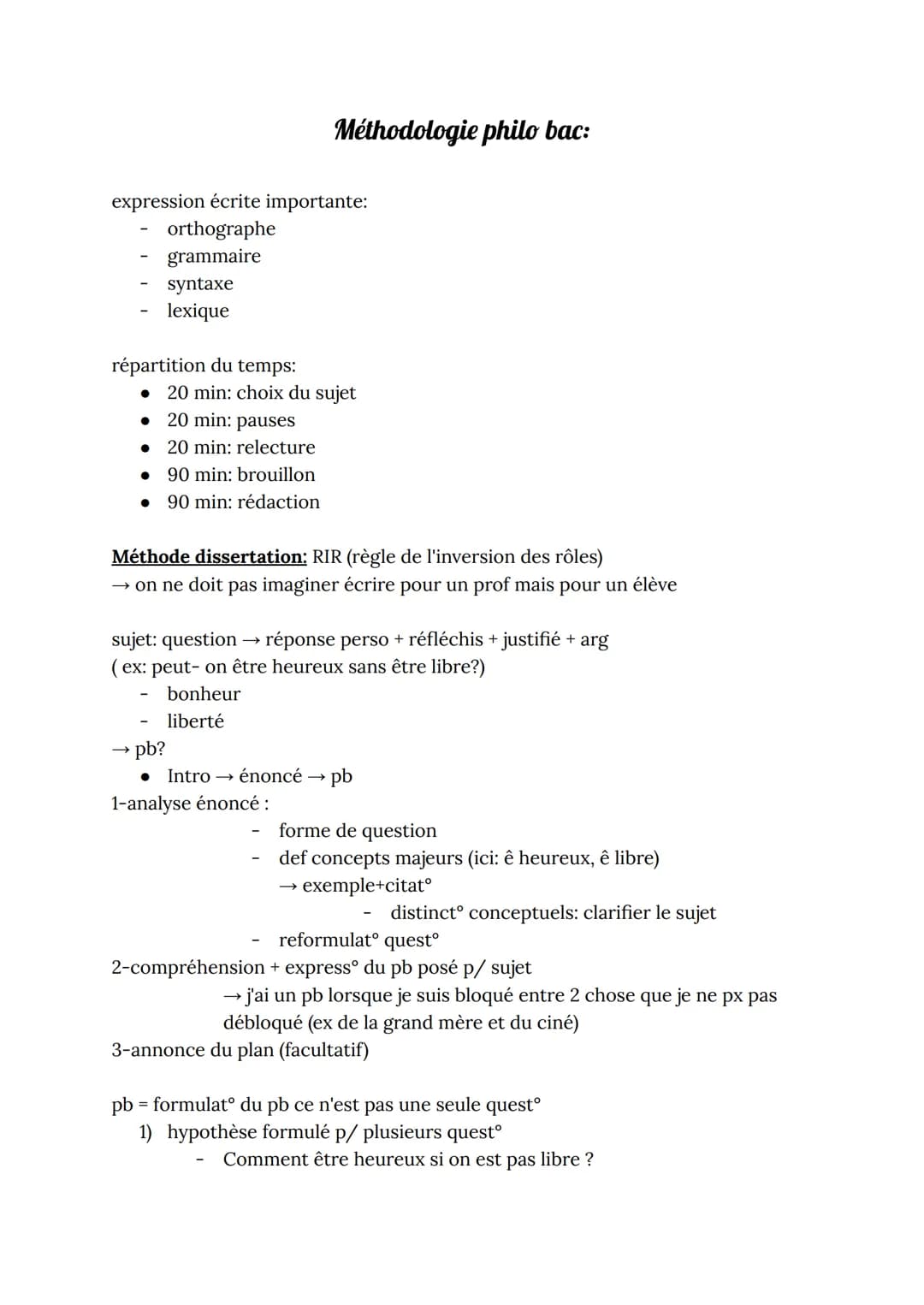 expression écrite importante:
orthographe
grammaire
répartition du temps:
●
syntaxe
lexique
Méthodologie philo bac:
→ pb?
20 min: choix du s