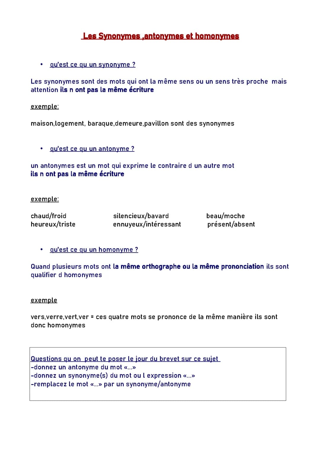 Les synonymes, antonymes, homonymes et paronymes : C'est quoi ? Exercices corrigés PDF CM2/6ème