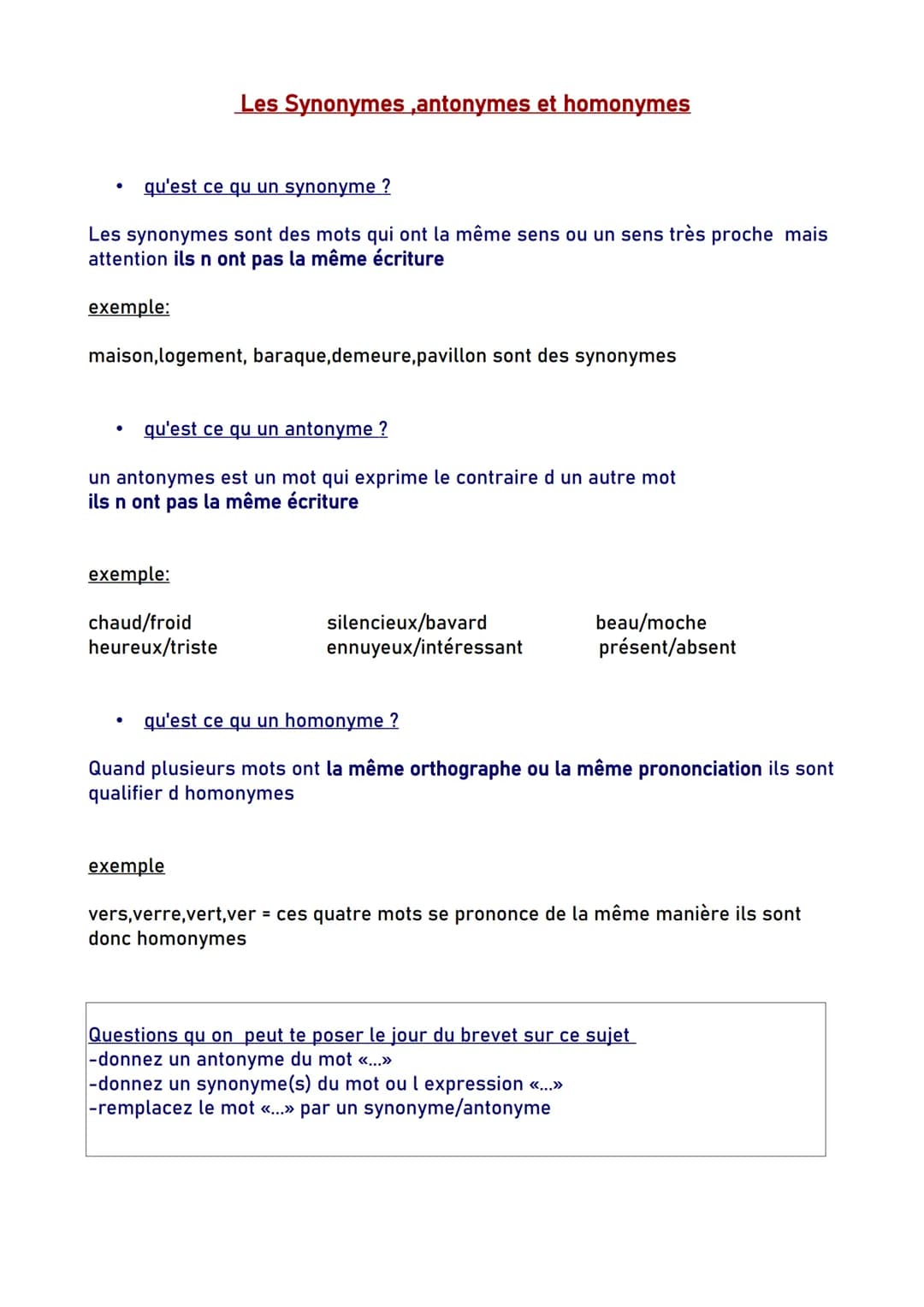 Les Synonymes,antonymes et homonymes
qu'est ce qu un synonyme ?
Les synonymes sont des mots qui ont la même sens ou un sens très proche mais