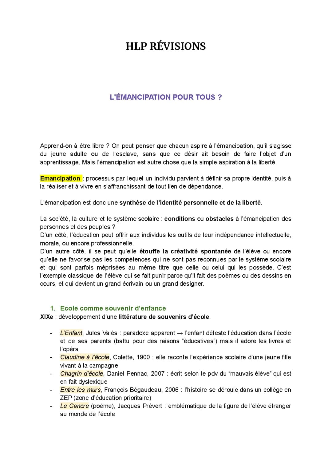 Éducation, Transmission et Émancipation HLP Terminale - Cours et Résumés PDF