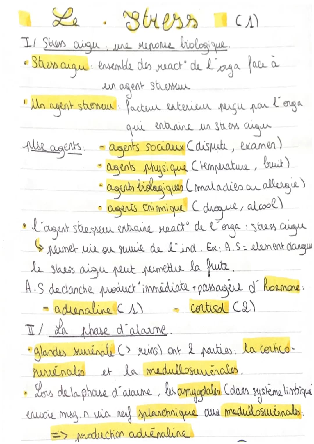 Le
0
I/ Stuess aigu, ure reponse biologique.
• Stress aigu: ensemble des react' de l'orga face à
agent stressen
un
Stress CA
(A)
• Un agent 
