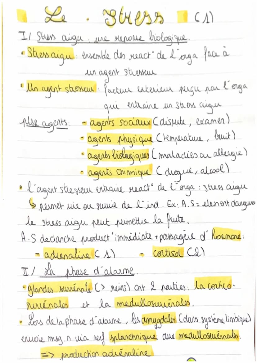 Le
0
I/ Stuess aigu, ure reponse biologique.
• Stress aigu: ensemble des react' de l'orga face à
agent stressen
un
Stress CA
(A)
• Un agent 